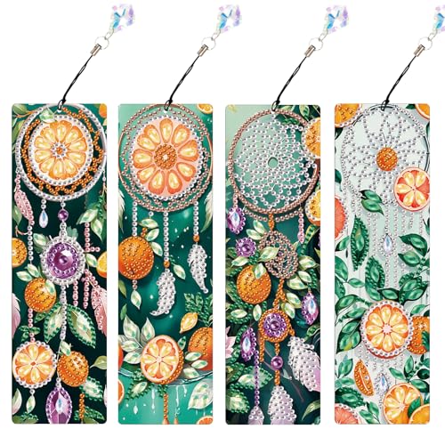 Image of 4 Pcs Diamond Painting Bookmarks, DIY Orange and Dreamcatcher Diamond Art Bookmark Kits for Adults, Rhinestone Drill Fruit Bookmarks with Tassels for Beginners