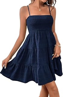 Womens Boho Sleeveless Ruffle Hem Spaghetti Strap Mini Dress Summer Cami Dress for Party and Beach