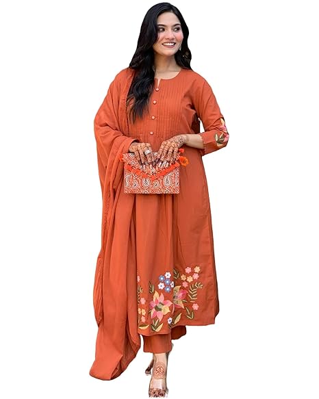 GoSriKi Women's Embroidered Viscose Anarkali Kurta Set with Dupatta - Orange Traditional Festive