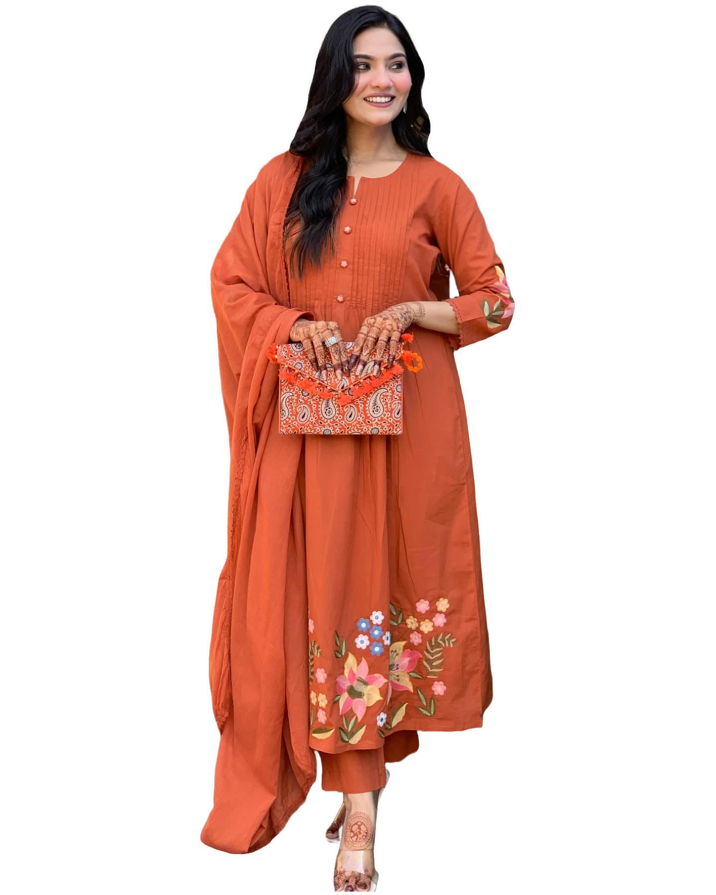 Women's Embroidered Viscose Anarkali Kurta Set with Dupatta - Orange Traditional Festive-image-37