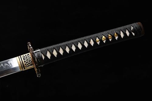 Miniatura 9 de HERO SWORD Arcilla Katana de dragón hecha a mano de acero templado T10 real Hamon Samurai Espada Auténtica Cuchillos Japoneses Navaja Afilada Negro