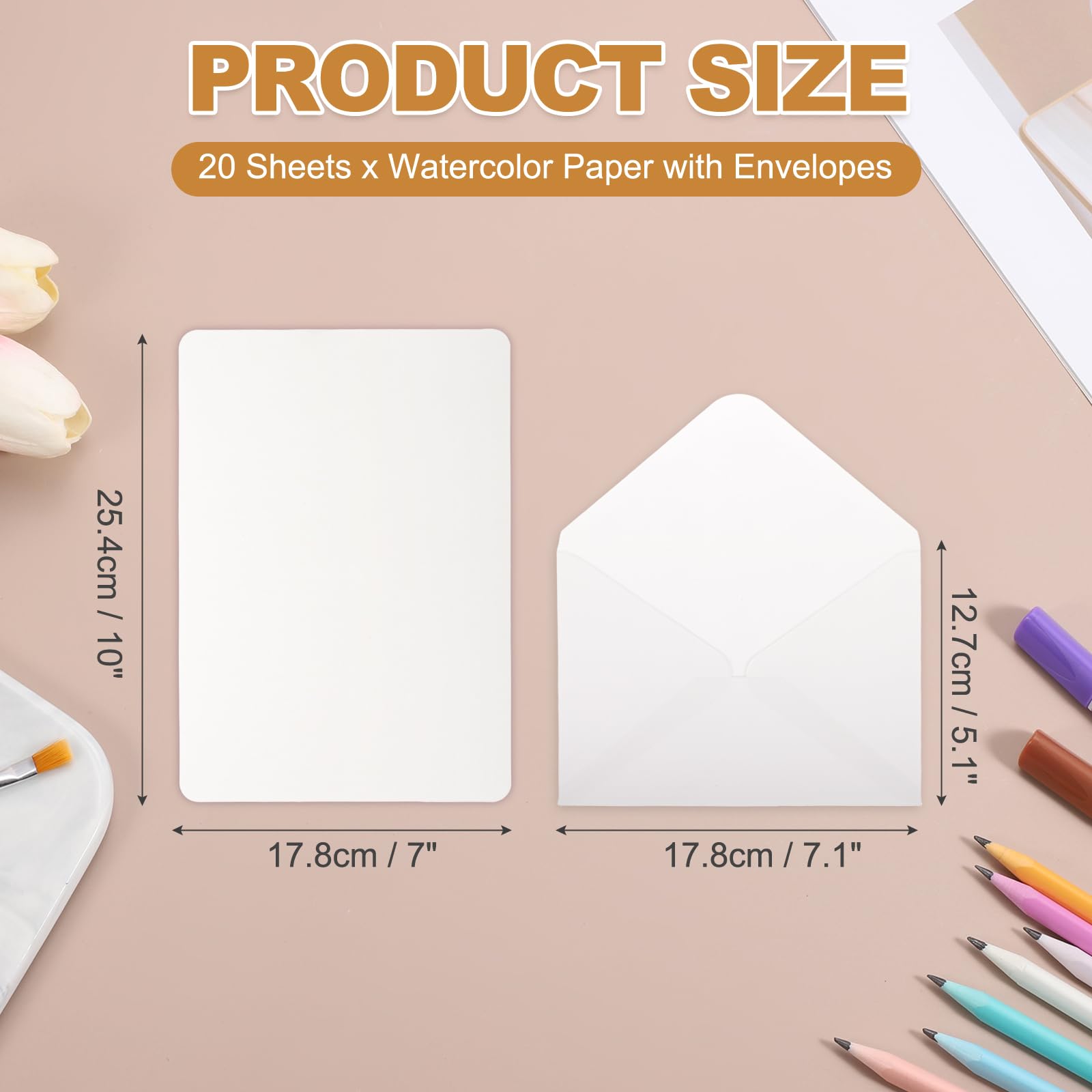 MECCANIXITY Lot de 40 feuilles de papier aquarelle avec enveloppes, 17,8 x 25,4 cm, 63,5 kg/300 g/m², papier aquarelle presse à froid pour carnet de croquis, journal (coin rond)
