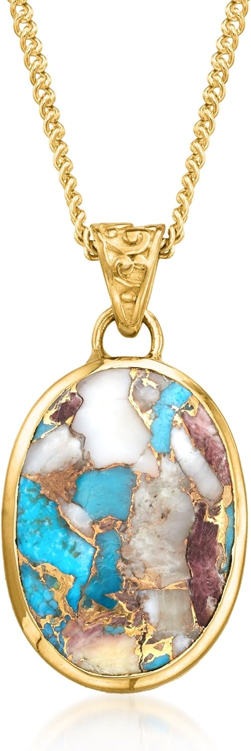 Ross-Simons Oval Kingman Turquoise Pendant Necklace in 18kt Gold Over Sterling