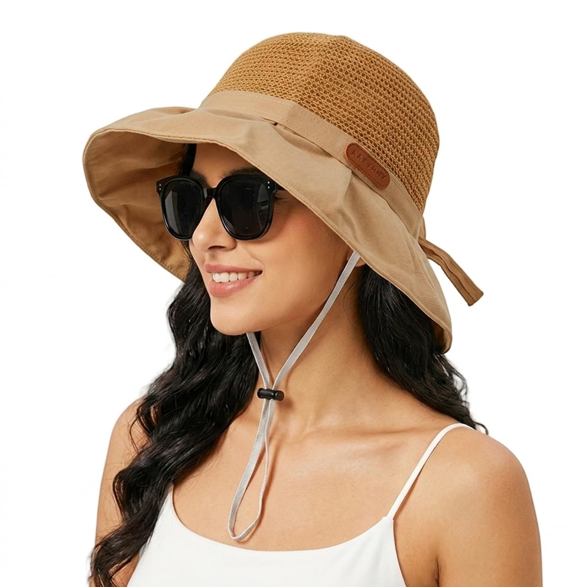 venzina UPF 50+ Sun Hat for Women with Leather Label & Bow Decoration -Wide Brim Floppy Beach Hat Packable for Travel Vacation Garden Outdoor Wear-picture-10