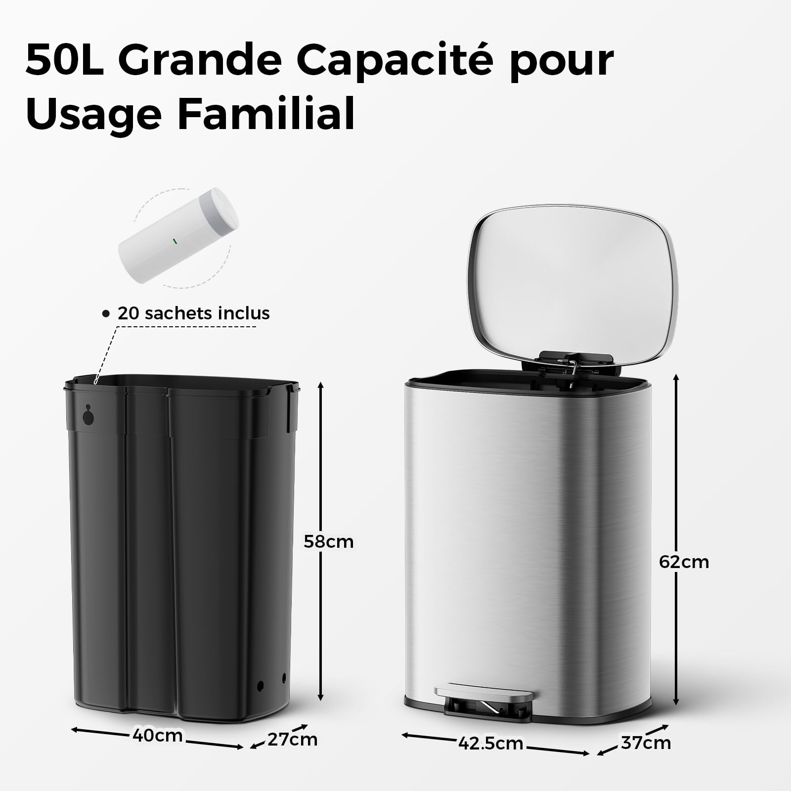 YASHE Poubelle Cuisine 50L Rectangulaire avec Pédale Fermeture Douce