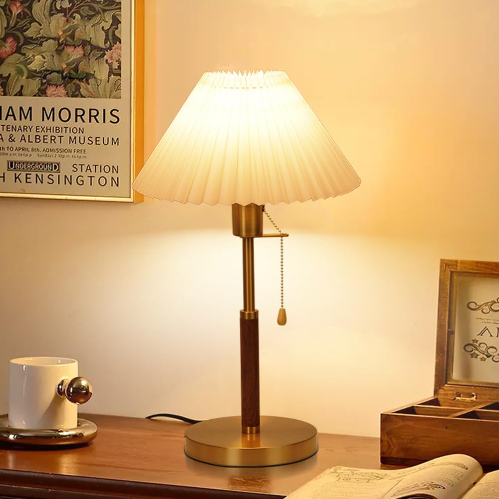 Jadssox Stoff-Tischlampe, Moderne Nachttischleuchte mit Zugkettenschalter, Goldfarbene Tisch-Nachttischlampe, Akzentlampe, E27-Säulen-Tischlampe, Büro, Schreibtisch, Leselampe, Arbeitsbeleuchtung