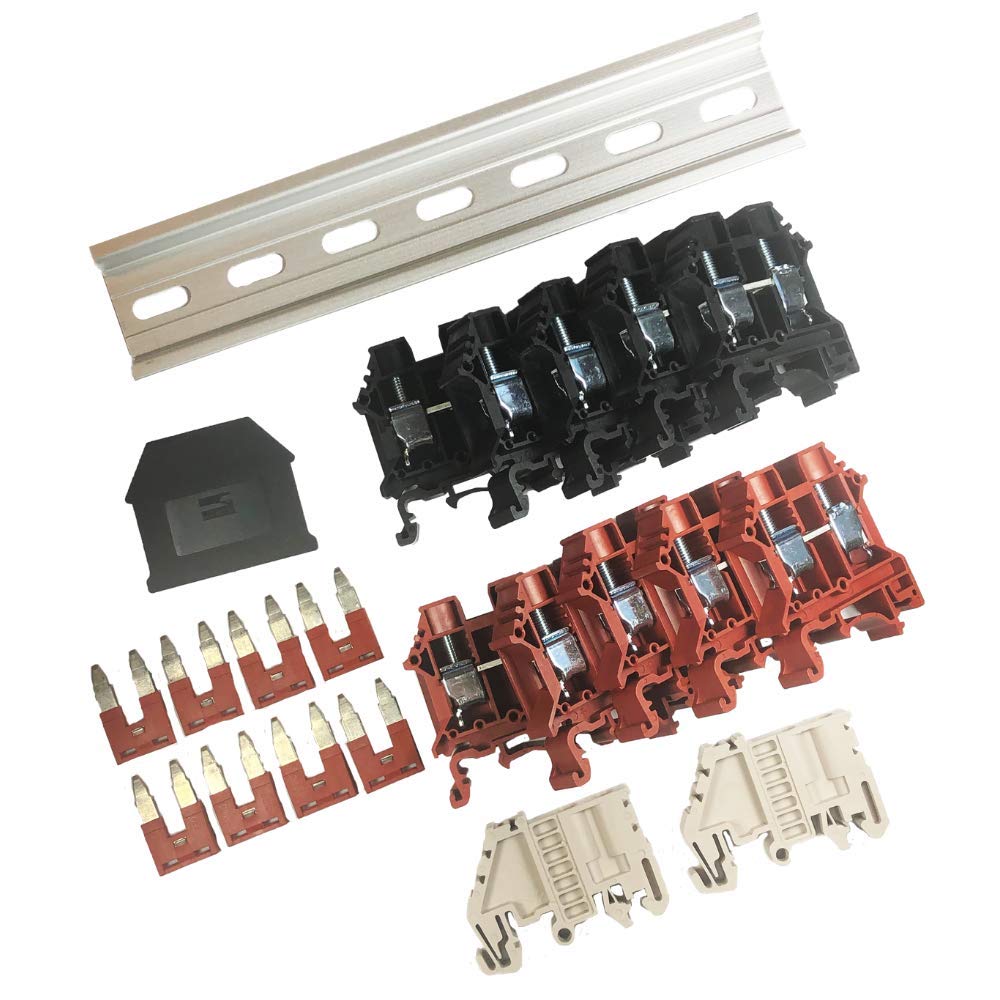 Dinkle Assembly Kit DK10N Red/Black 10 Gang with Jumpers DIN Rail Terminal Blocks, 6-20 AWG, 60 Amp, 600 Volt UL Recognized