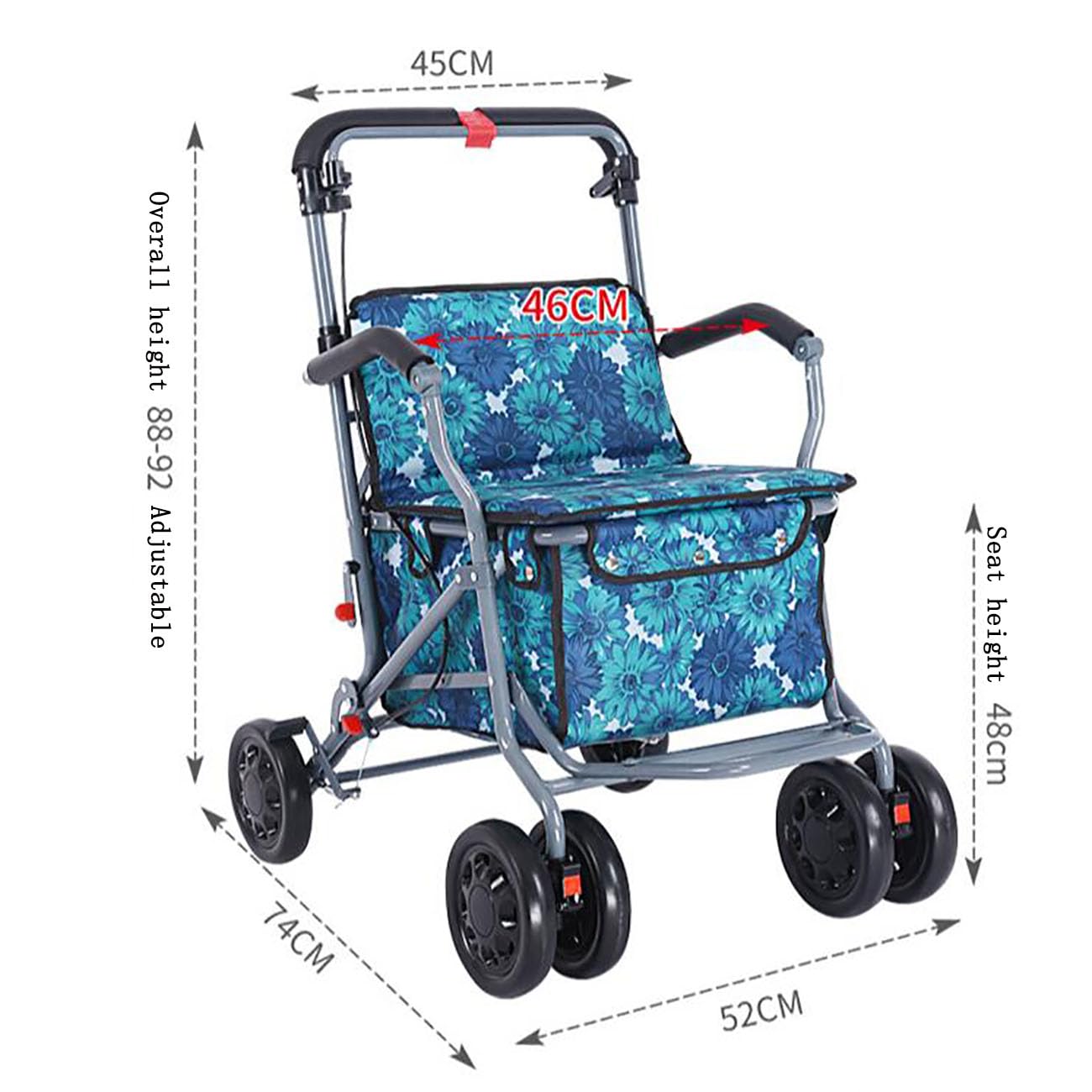 Rolling Walker z siedziskiem, składany wózek na zakupy dla seniorów, obrotowe koła 360° i hamulce, nośność 99 kg