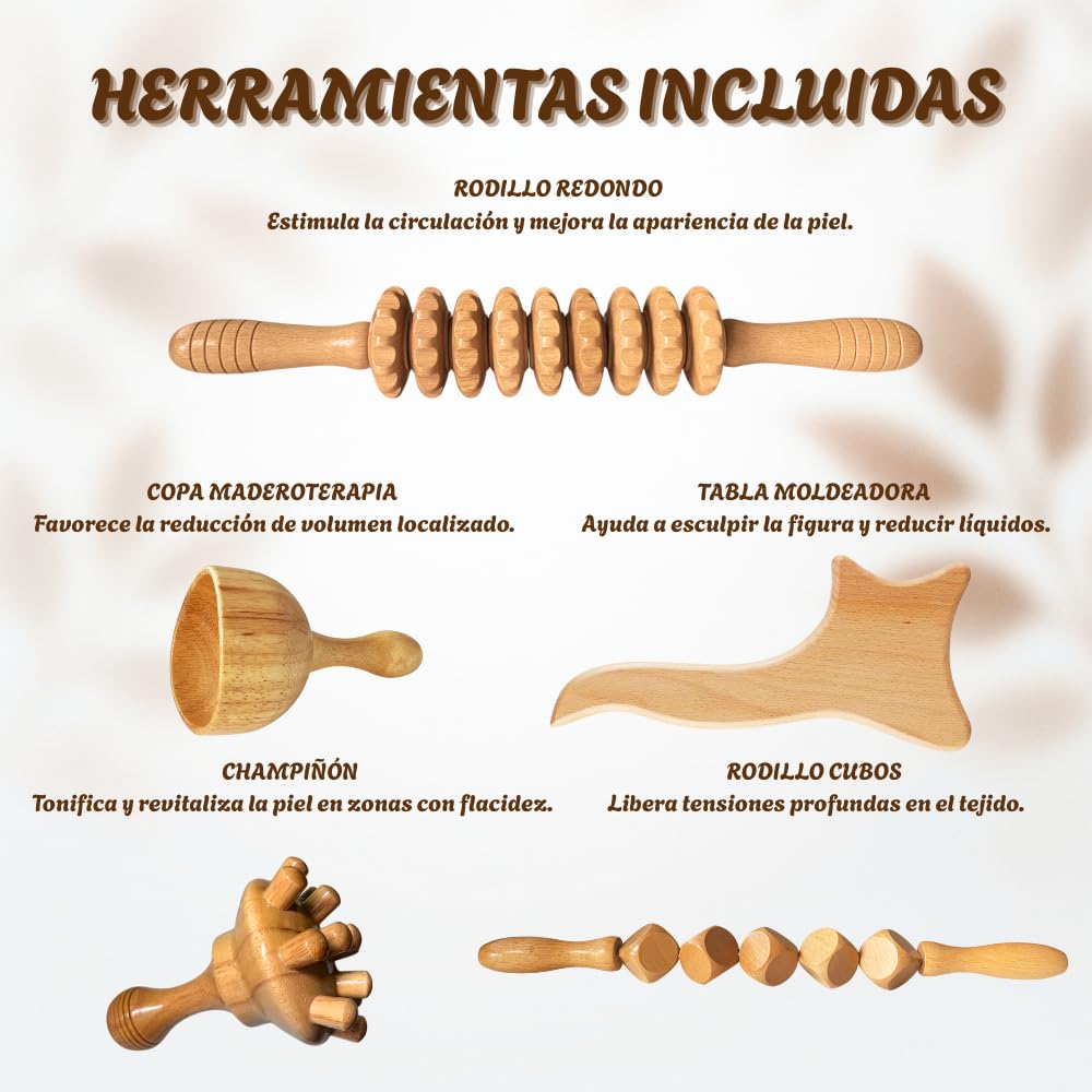 Pack de Maderoterapia Corporal Profesional para Masajes Relajantes y Celulitis con Instrucciones Qr – Compuesto por Tabla Moldeadora, 2 Rodillos(Recto y Cubos), Champiñón y Copa.