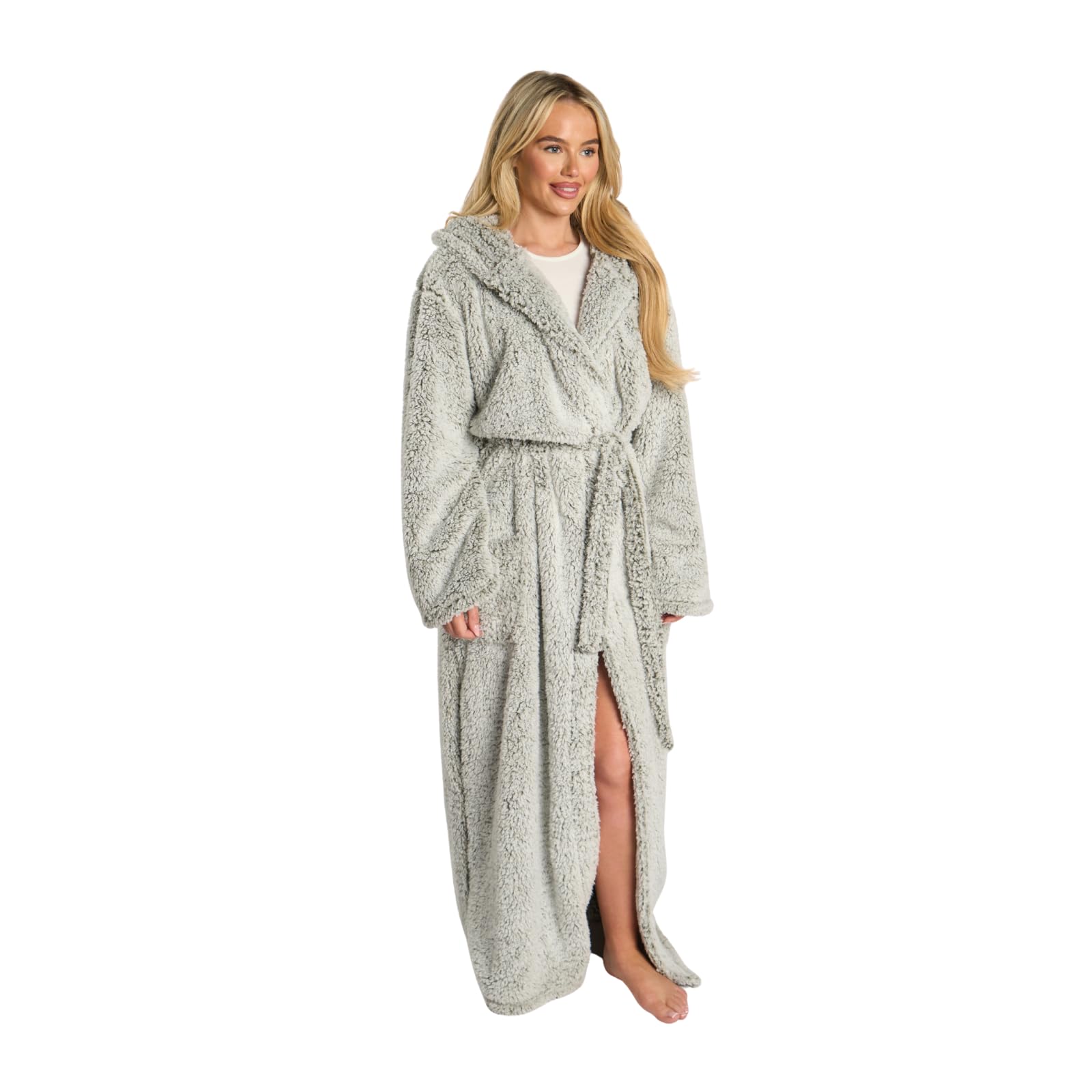 Ohs Unisex Green Dressing Gown Womens Teddy Marl, Super Soft Warm Hooded Full Length Dressing Gown With Pockets Oversized Adult Bathrobe For Loungewear & Sleepwear, - One Size