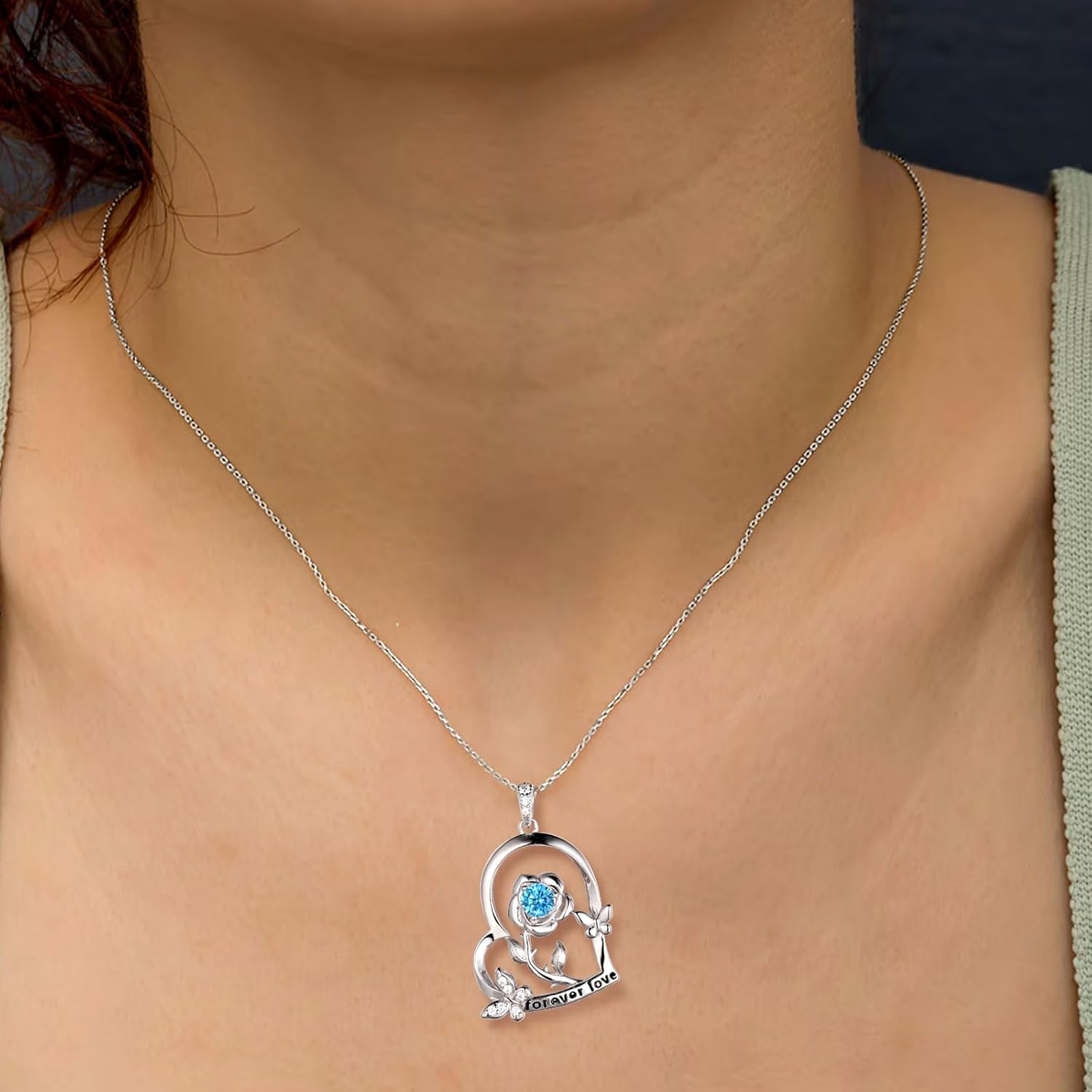 925 Sterling Silver Heart Rose Flower Birthstone Necklace for Women Butterfly Pendant Necklace Elegant Rose Promise Necklace Birth Stone Necklace Rose Flower Jewelry Christmas Gifts for Women Mom Her - Image 4