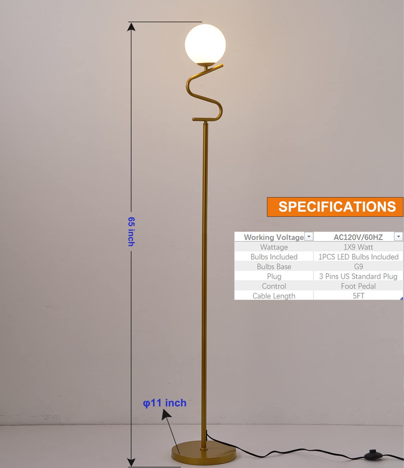 Fiqevs Mid Century Globe Floor Lamp, LED Sphere Gold Standing Lamp with 9W LED Bulb, Antique Tall Pole Lamp for Living Room, Bedroom,Corner Space