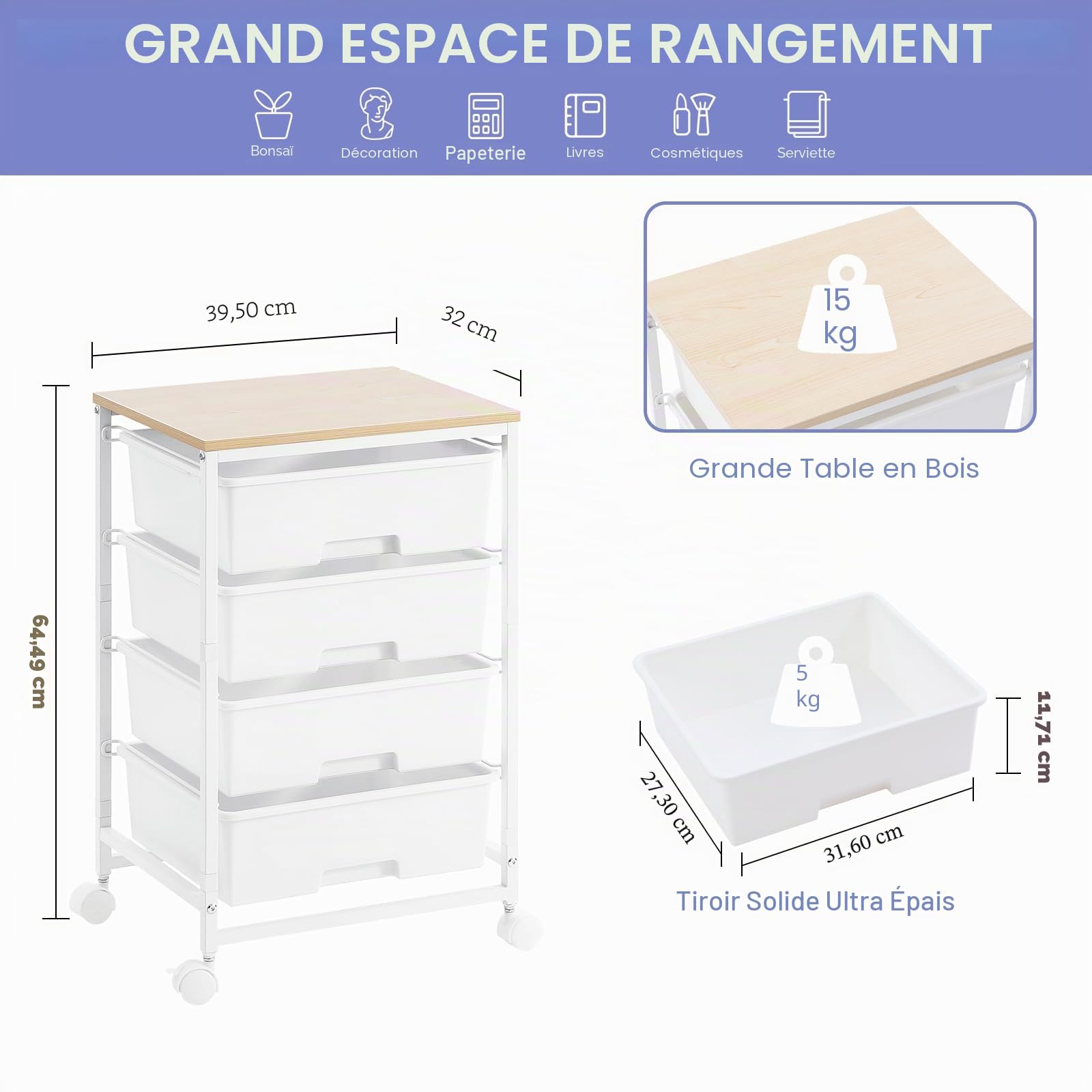 SYKIARIOL Chariot de rangement à 4 tiroirs sur roulettes avec plateau de table en bois, pour cuisine, salon, chambre à coucher, mouvement facile, grande capacité, 4 tiroirs, blanc