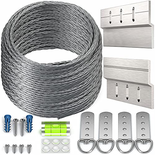 Kit de alambre para colgar cuadros de alta resistencia, colgador de tacos franceses, anillo en D, tornillos, clips de barra en Z, soportes de montaje para colgar hasta 150 libras, 50 pies (15,25 m) de