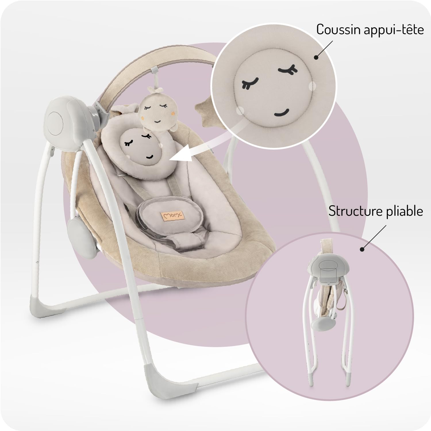 Balancelle MoMi LISS pour bébés jusqu'à 9 kg, pliable, à piles ou secteur avec câble USB, harnais 5 points, arche avec jouets, 6 mélodies, minuterie, 5 vitesses de balancement