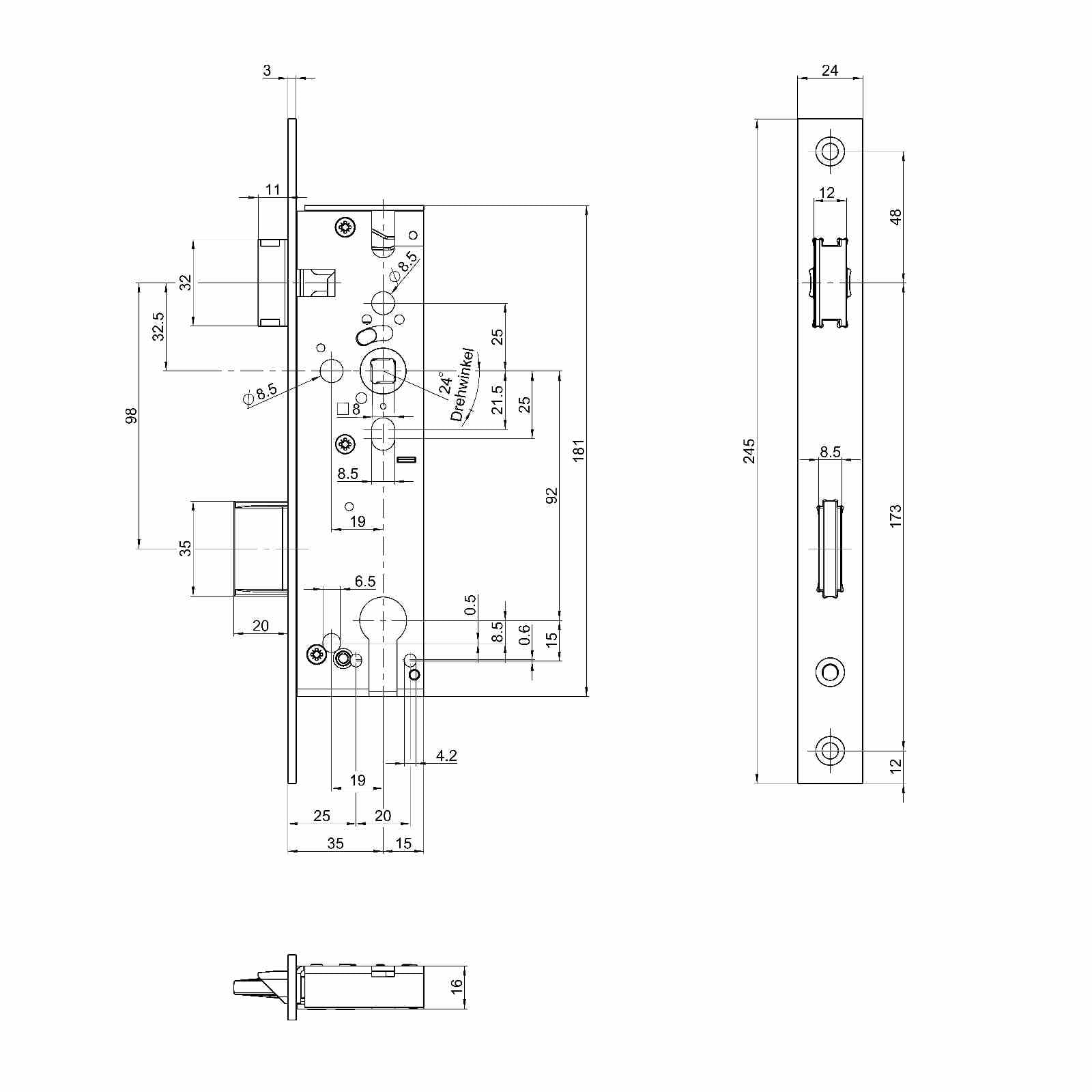 BKS Rohrrahmen-Einsteckschloss B1314, Profilzylinder, Dornmaß 35 mm, Stulp 24 mm, Links-Rechts verwendbar, Entfernung 92 mm, Lochung Vierkant 8 mm für Rohrrahmentüren