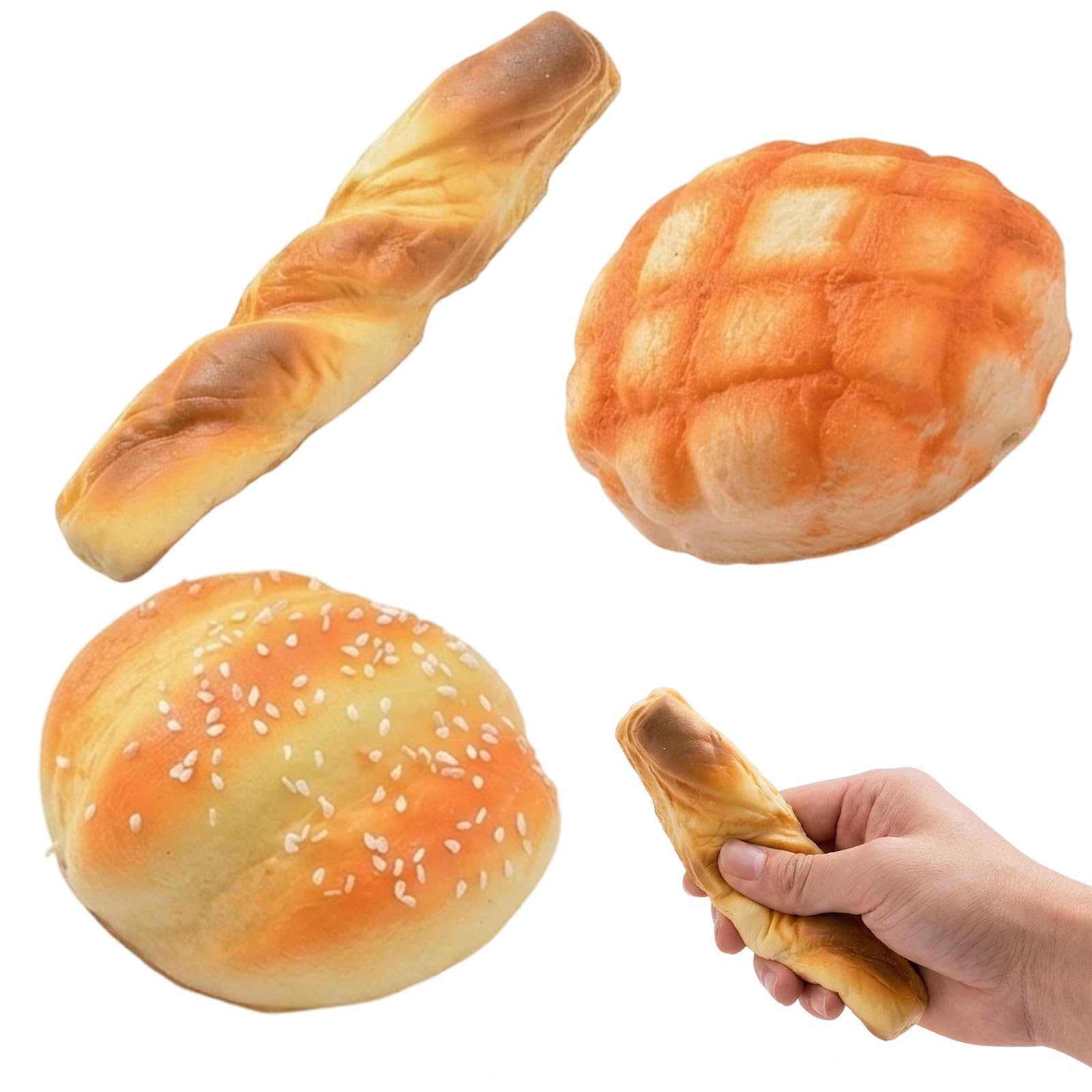 3 PCS Bread Squishy, Jumbo Squishies, Slow Rising Squishy for Relaxation, Set of Three Bread Shapes with Flower Roll, Pineapple Bun, and Small Twist