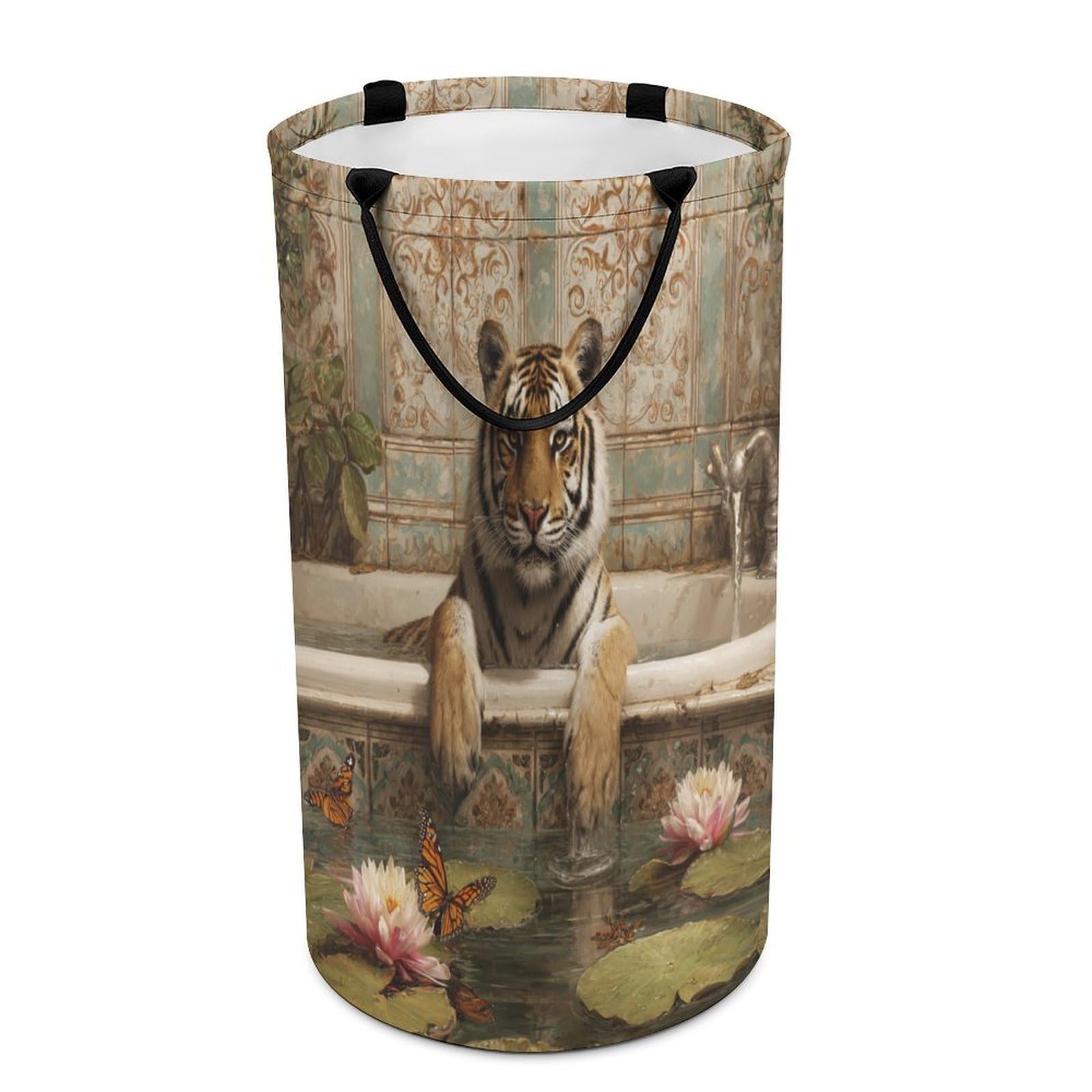 LUYYSKY Cool Funny Elegant Tiger Versatile Storage Laundry Basket, Realistic Oil Painting Bathroom Art Animal Butterflies Lotus Floral Large Bathroom Laundry Hamper With Handle-40 CM Dia, 69 CM High