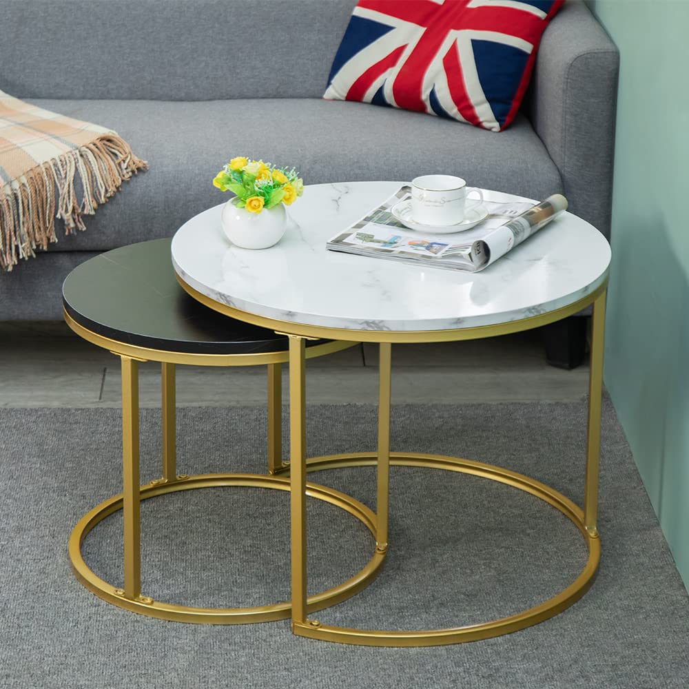 MAIKAILUN Round Nesting Coffee Table for Living Room Balcony Office, Modern Small Coffee Table Side Cocktail Table Set of 2 with Faux Marble Wooden Top White & Black