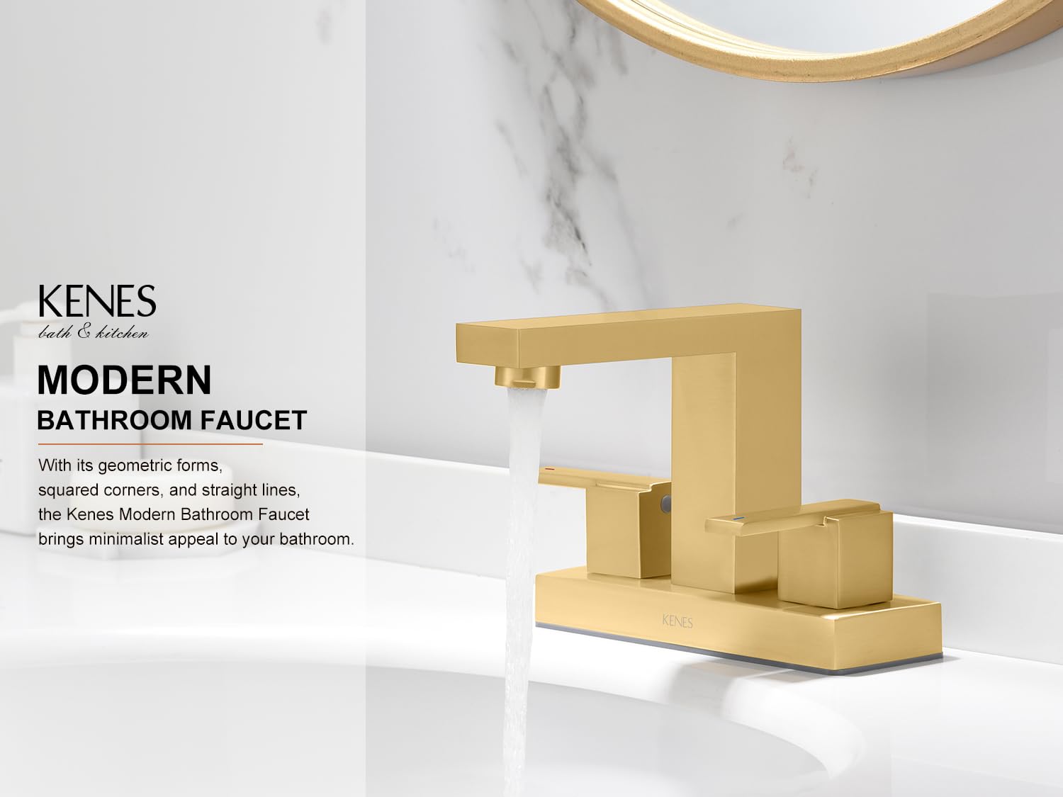 KENES Brushed Gold Bathroom Sink Faucet 3 Hole Centerset Bathroom Faucet Gold Two Handle Modern Vanity Faucet with Pop Up Drain & Supply Lines, KE-9051-4-P