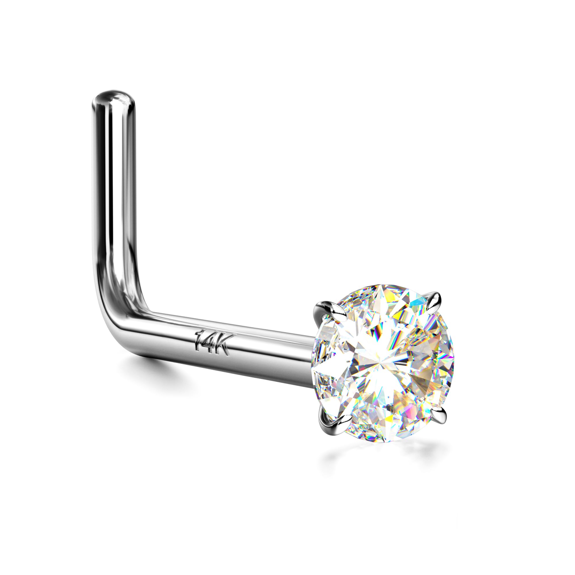 BUTADR14K Real Gold Nose Studs, 18G 20G Solid Gold L Shaped Nose Rings, Simulated Diamond CZ Hypoallergenic Nose Piercings for Women Men 1.5 2 3MM