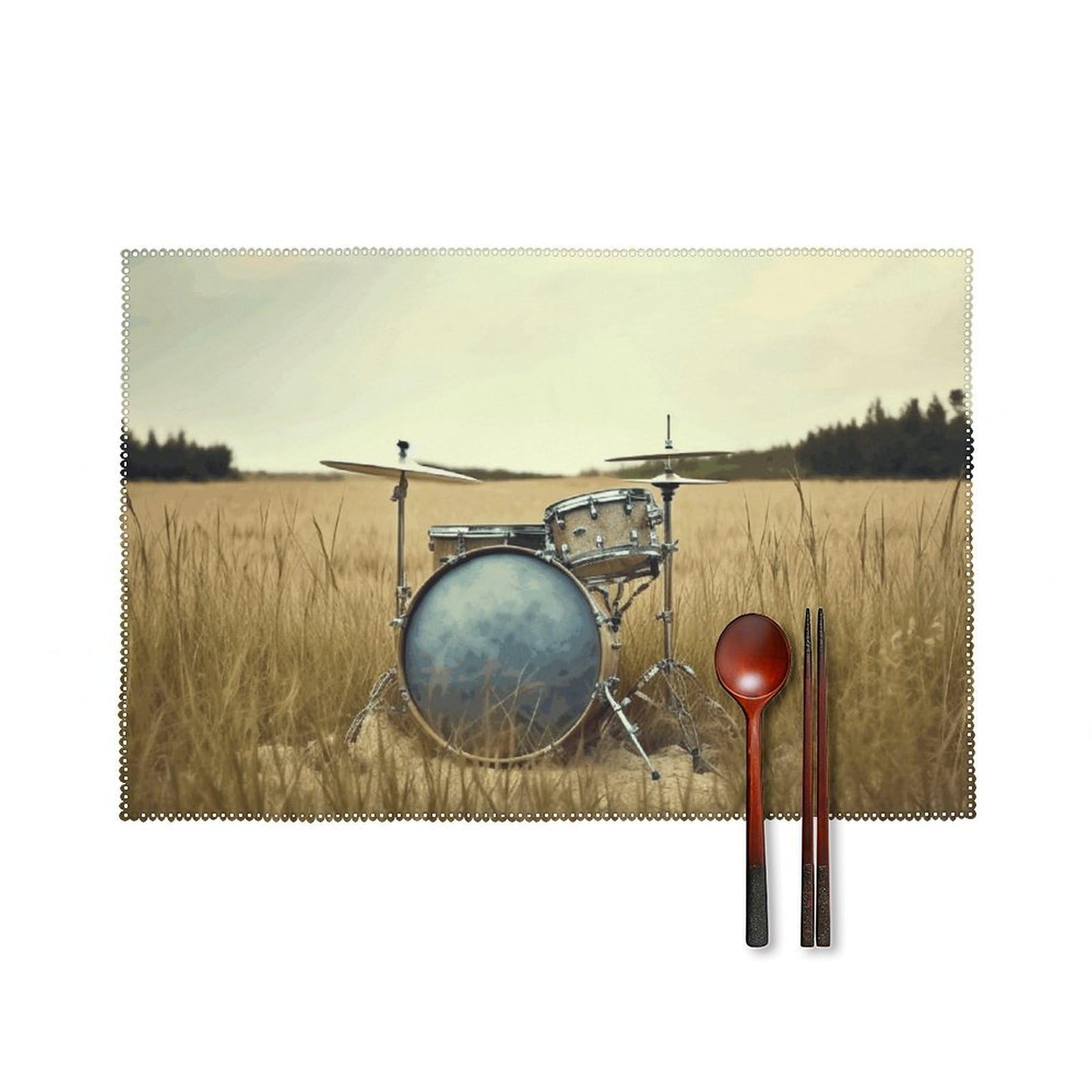 Music Drum in Field Placemats Set of 6, 12x18 Inch Heat Resistant Washable Canvas Table Mats, Stain Resistant Decorative Dining Placemats for Kitchen, Restaurant, Outdoor Party