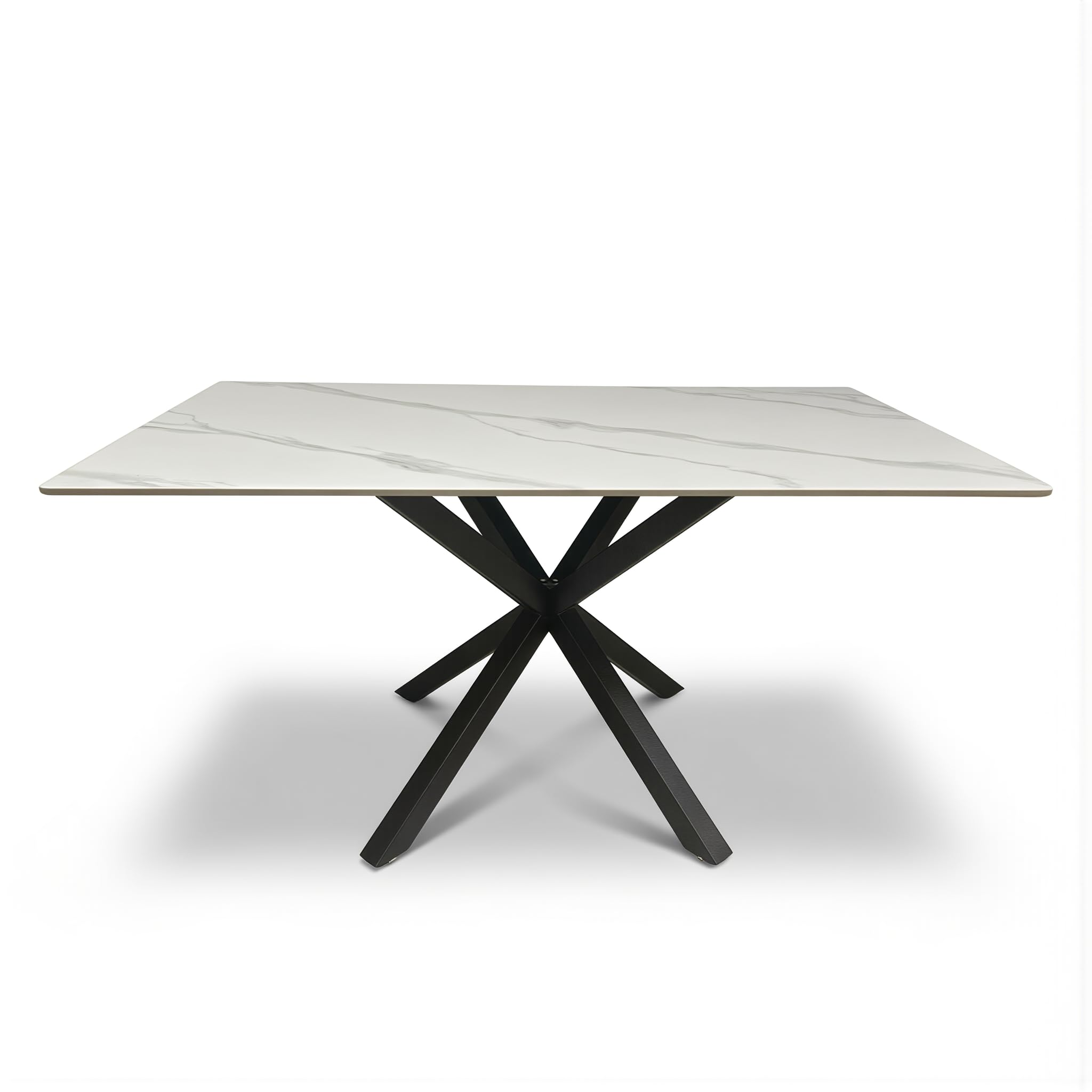 Tavolo da Pranzo in Ceramica Gres Porcellanato 150x90 cm – Piano Lucido Antigraffio Antimacchia – Gambe Incrociate Ferro Verniciato Nero – Finitura Pandora o Calacatta Bianco Marmo