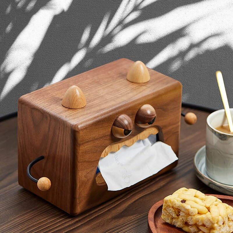 Vintage Wood Tissue Box Handmade Cute Monster Design for Home Office Decor Ideal Gift Desktop Napkin Dispenser Home Office Decor Boho Walnut Wooden