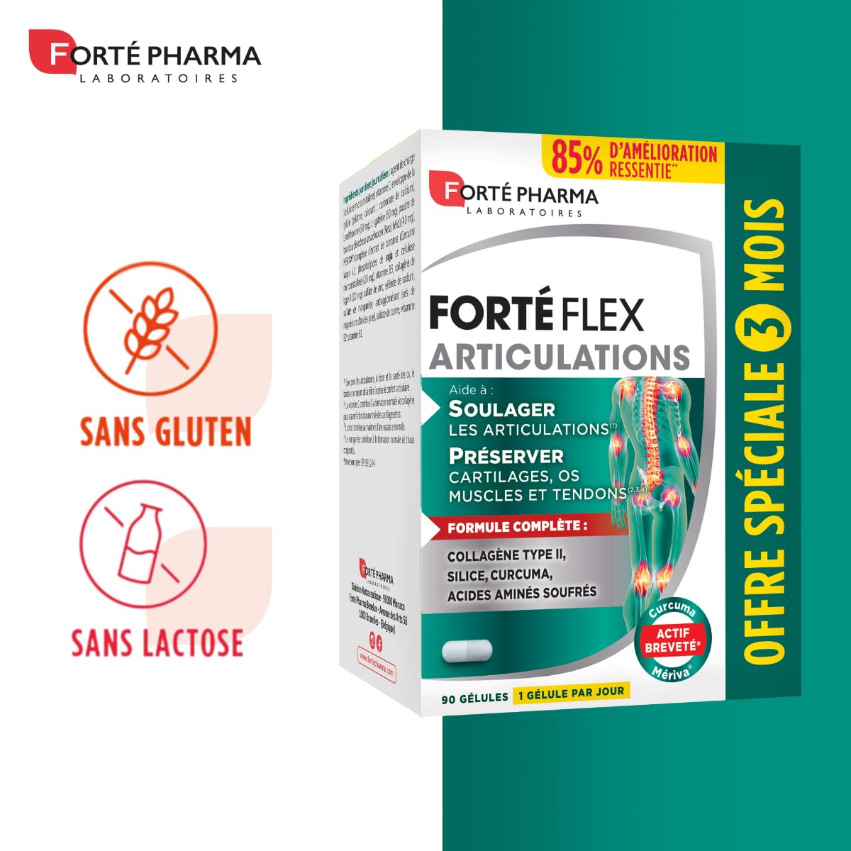 Forté Pharma - FortéFlex Articulations - Complement Alimentaire Articulations - Collagene marin, Curcuma, Vitamine C, Zinc - Santé des os, tendons, ligaments - Format 3 mois, 90 gélules, 1/jour