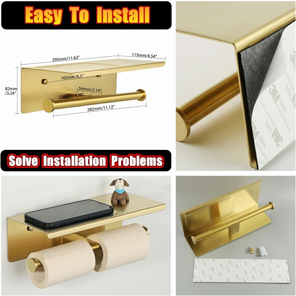 Alise Double Toilet Paper Holder,Bathroom Tissue Holder with Shelf,SUS304 Stainless Steel Toilet Paper Roll Holder Storage Dispenser,Self Adhesive or Wall Mount Drilling Paper Rack,Brushed Golden
