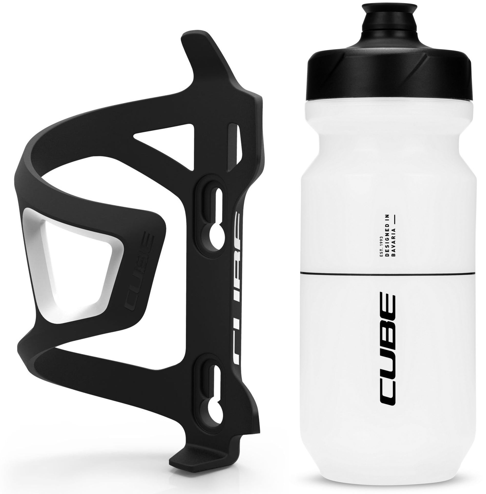 Cube HPP Right Side Loading Cage - Black & Flow Bottle - Clear, 500ml / Lightweight Bicycle Cycling Cycle Bike MTB Mountain Road Water Drink Flask Bidon Bracket Mount Holder HPA HPP Set Accessories