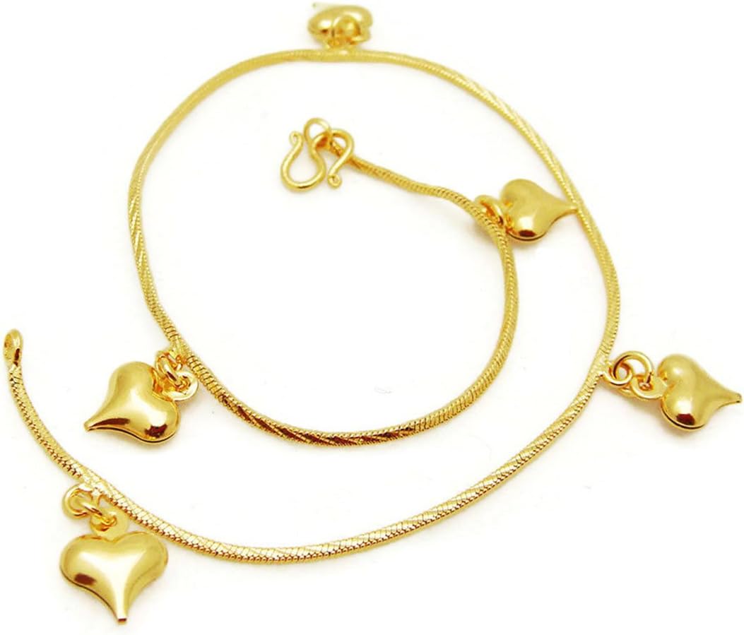 Heart Bell 24k Thai Baht Gold Plated Foots Jewelry Bracelet Charm Anklet 9 Inch