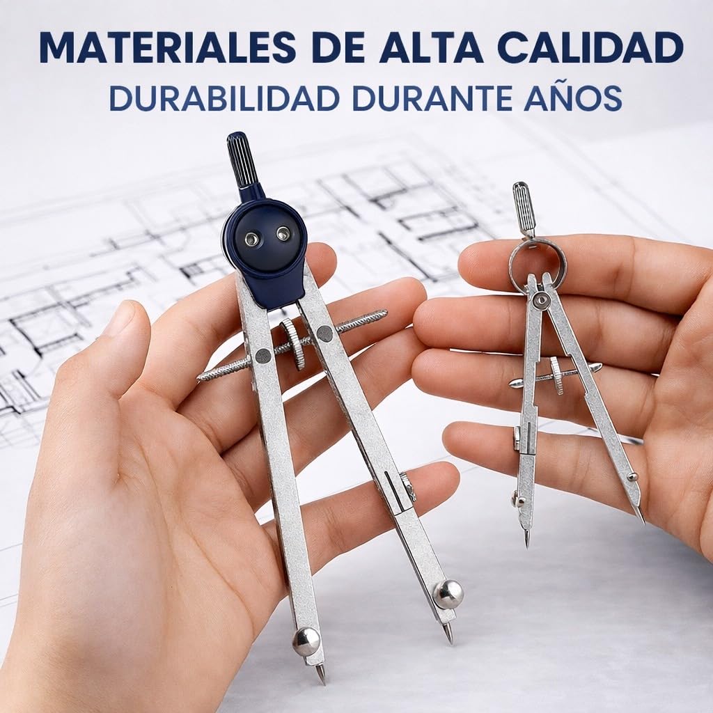Compas Dibujo Tecnico Profesional - Compás Escolar de Precision con Rueda de Ajuste Bachillerato y Secundaria - Compasso Escolar Dibujo Tecnico de Metal - Compas Grande Dibujo Técnico y Plastica Azul