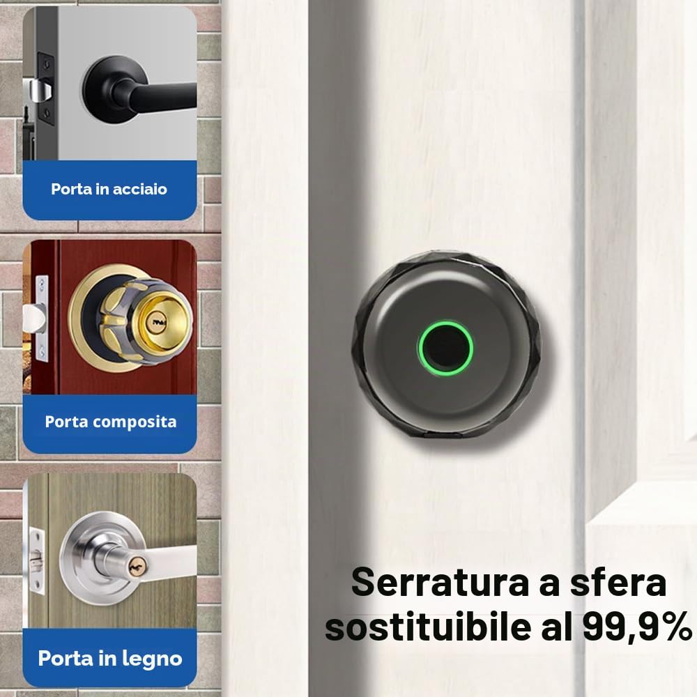 Smart Lock, serratura senza chiave con maniglia per porta con impronte digitali, telecomando tramite app TY, serratura smart 3-in-1 con impronte digitali/chiave/app per 35–55 mm, porta di tipo