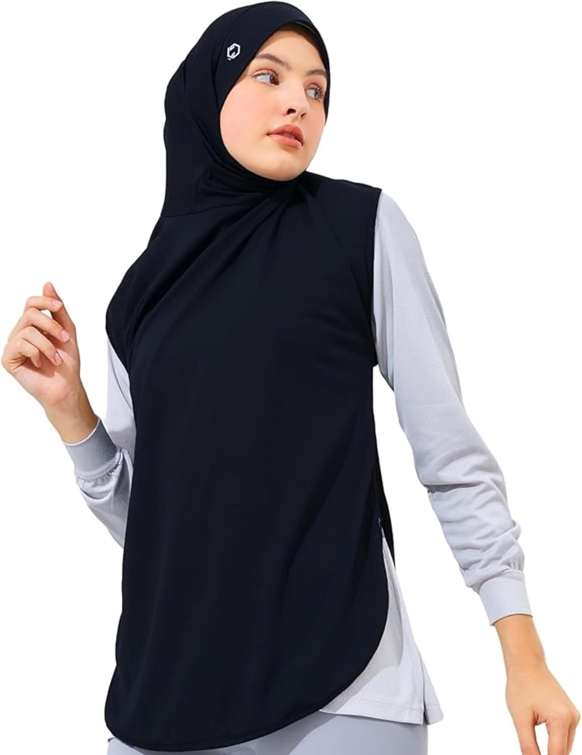 ONFLD Sport HijabVest – Black/Silver (S,M,L Sizes) | Lightweight 2-in-1 Hijab and Vest Combo for Jogging, Training, Horseback Riding, Athleisure, and Outdoor Sports (Black, Medium)