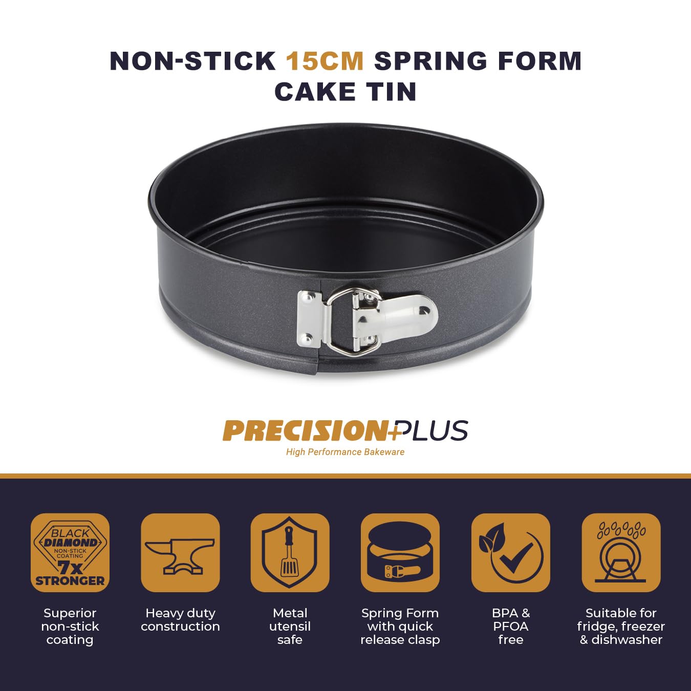 Tower T943023HG60 Precision Plus 15cm Spring Form Cake Tin with Loose Base, Aluminised Steel with Non-Stick Coating, Black