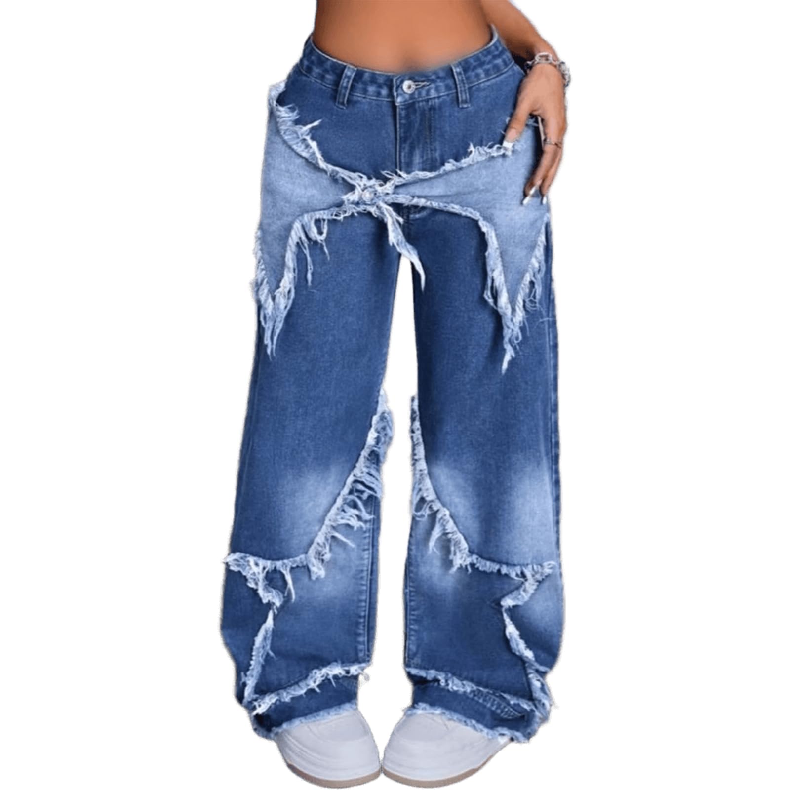 Djeanxa Y2K Wide Leg Jeans for Teen Girls 13-16Y High Waist Star Patchwork Raw Hem Denim Pants Hip Hop Streetwear Pant