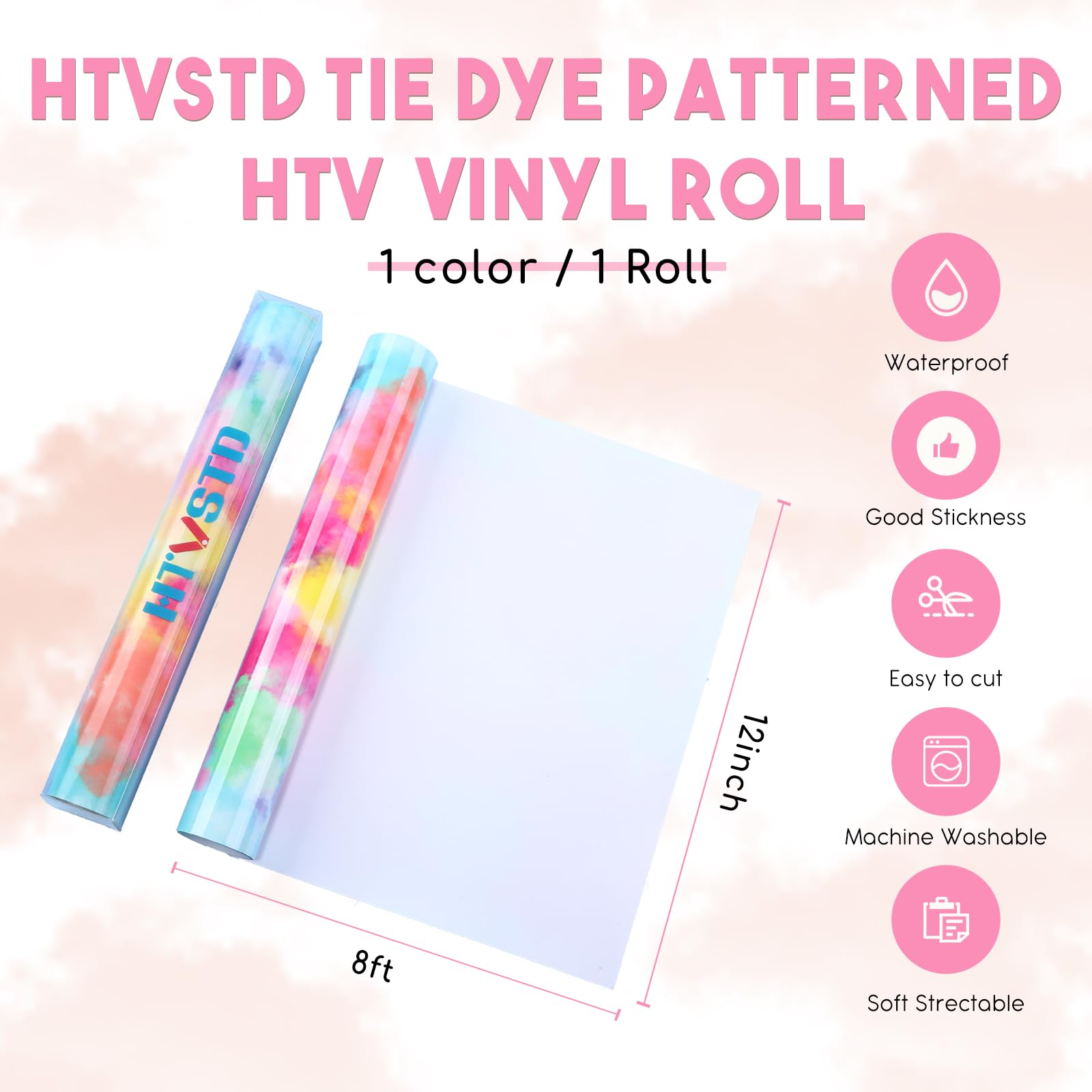 Rotolo Vinile HTV Tie Dye Rosso E Rosa – 30,5 Cm X 2,4 M, Motivo Acquerello, Termoadesivo Per Magliette E Fai Da Te