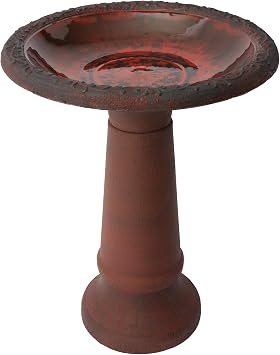 Algreen Marble Glaze Bird Bath, 20" x 25" Outdoor Garden Pedestal Birdbath with Glossy Marbled Basin, Red Marble | Red Marble glossy marbled birdbath