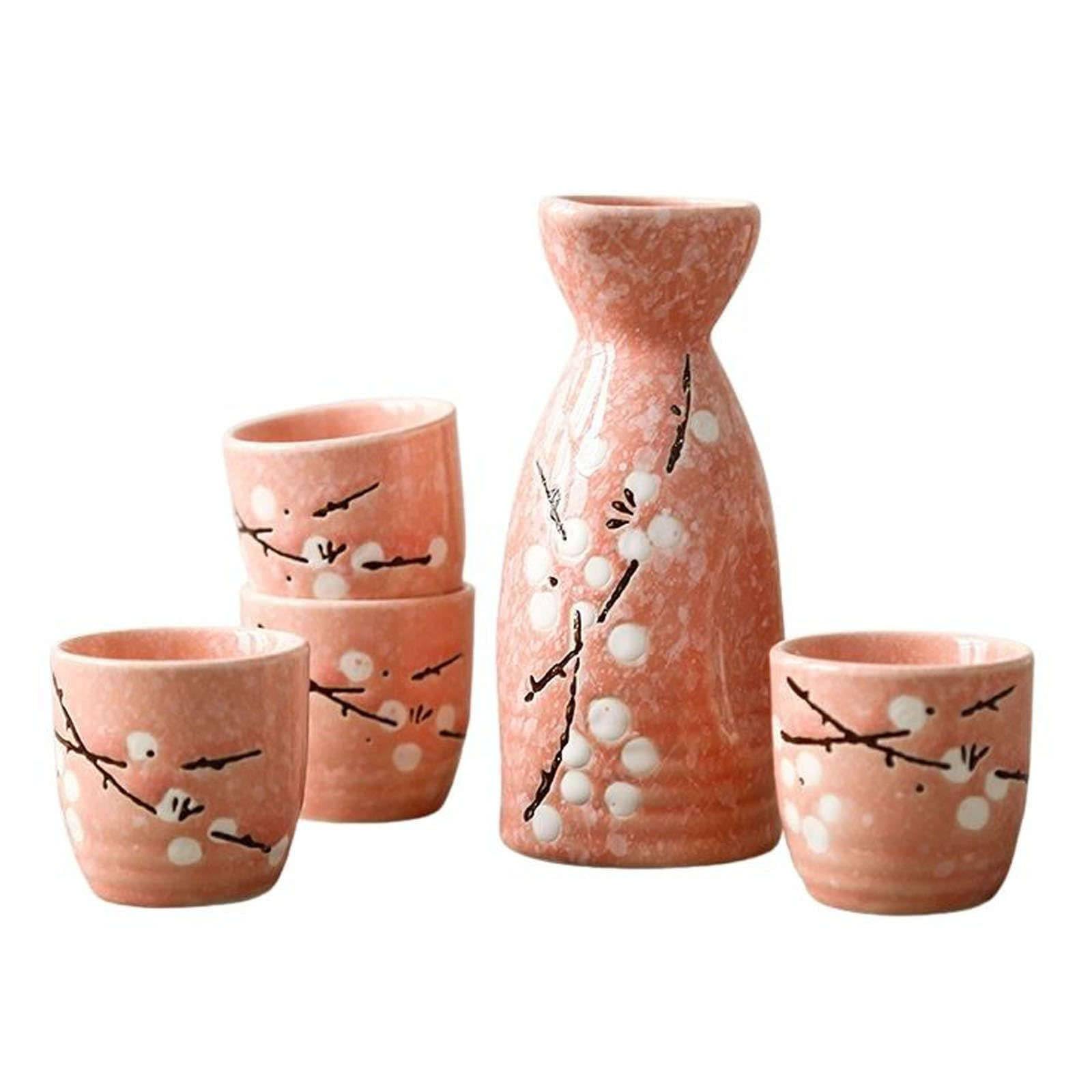 Sake Set Ceramic Japanese Sake Set of 5 Include 1 Sake Bottle 4 Sake Cups for Hot Or Cold Sake at Home Or Restaurant-D-1
