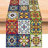 Jiudungs Linen Mexican Talavera Ceramic Tile Table Runner 90 Inches Long Mexican Fiesta Tablecloth C