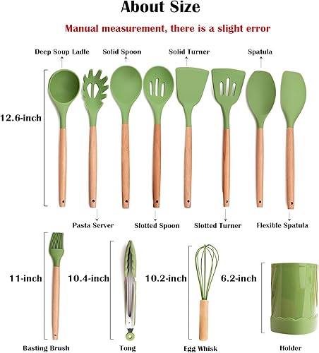 Miniatura 5 de 1 utensilio de cocina de silicona verde aguacate resistente al calor, mango de madera, espátulas de cocina antiadherentes para pescado, huevos y