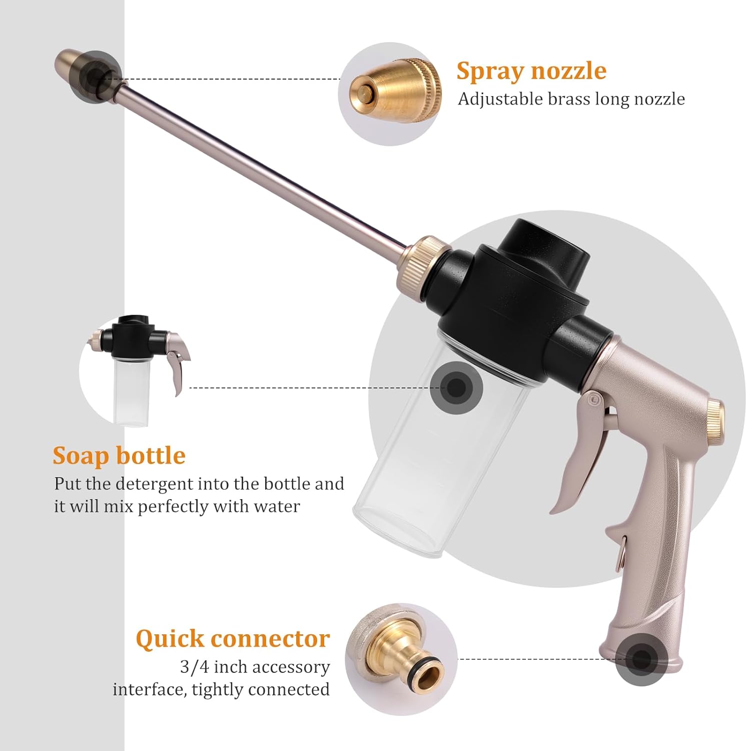 Garden Hose Nozzle Sprayer, with 3.5oz Plastic Soap Dispenser Bottle, Adjustable High Pressure Car Wash Foam Tool for Gardening - Image 4