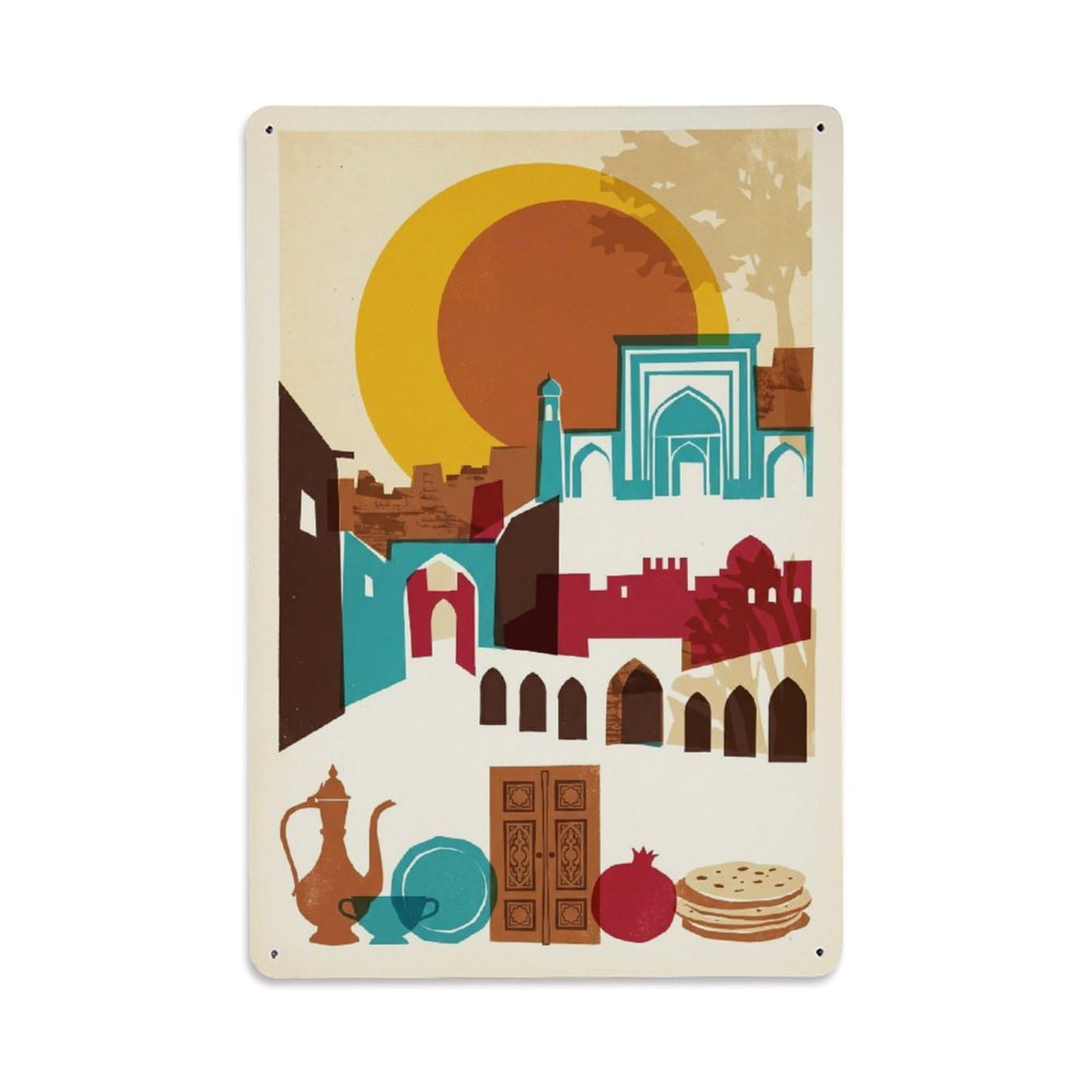 Okngb Style Retro Chinese Kashgar Cityscape Sun Illustration Mosaic Metal Tin Sign Plaque Wall Decor For Cafe, Man Cave, Club Bar, Office, Home Garden Round Metal Poster 8X12inch