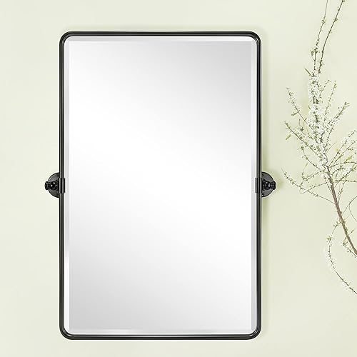 Espejo de baño rectangular pivotante de 20 x 30 pulgadas, bronce aceitado, marco de metal inclinable, biselado, para pared