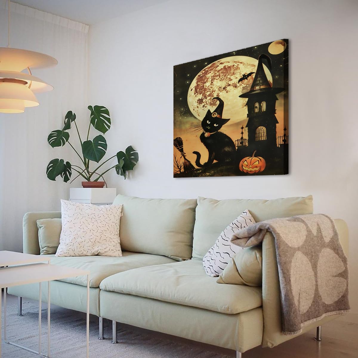 Kapelusz czarownicy dynia upiorny księżyc obrazy na płótnie wydruki Halloween czarny kot płótno sztuka ścienna do salonu sypialni dekoracja do jadalni 70 x 70 cm rama wewnętrzna