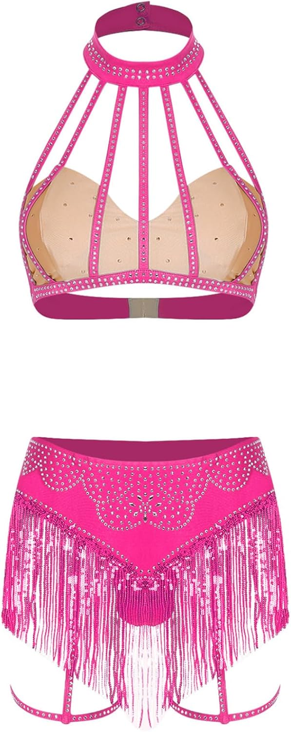 Vxuxlje Womens Sexy Belly Dance Outfits Shiny Rhinestone Bra Top with Sequined Tassel Briefs Sets