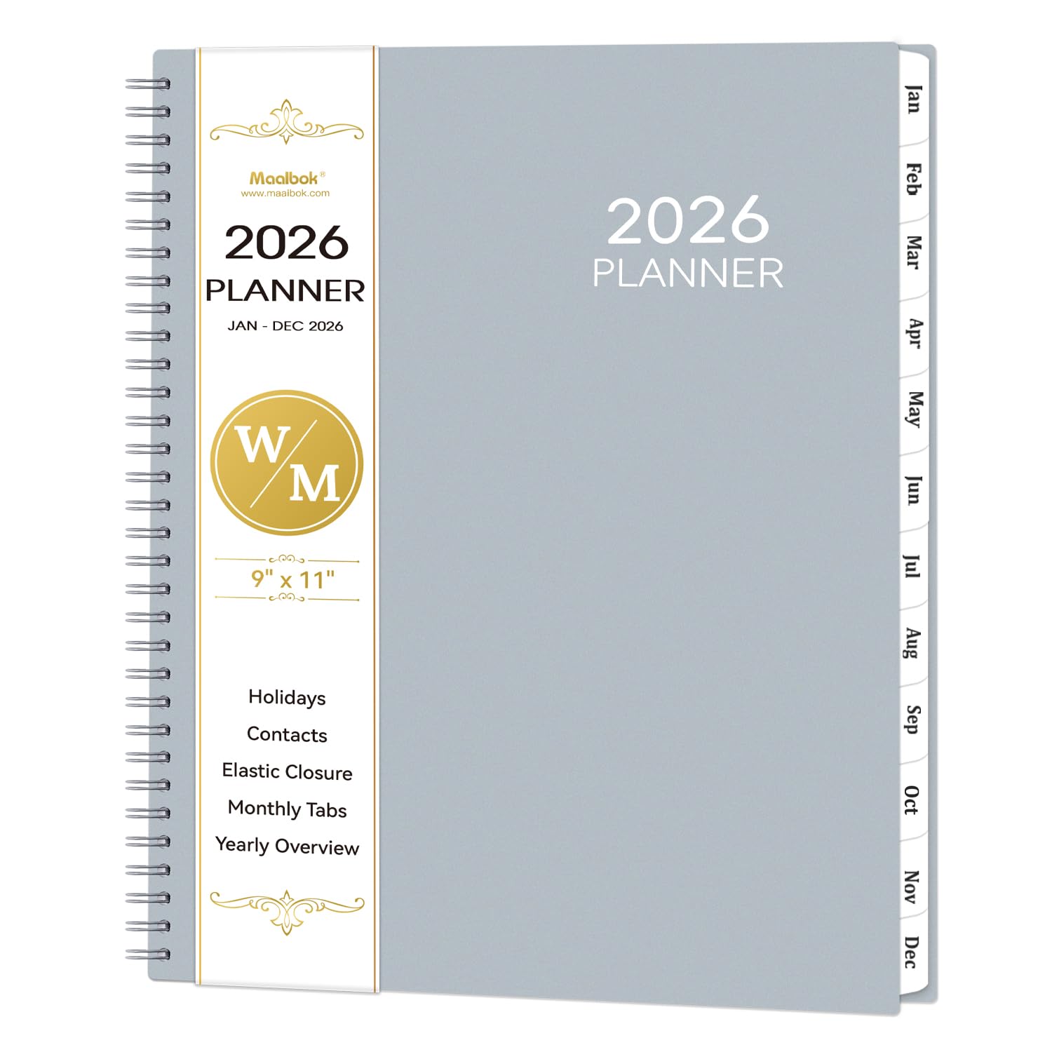 2026 Planner - January 2026 - December 2026, 9" x 11" Weekly Monthly Planner 2026, Tabs, Spiral Bound, Back Pocket, Gray