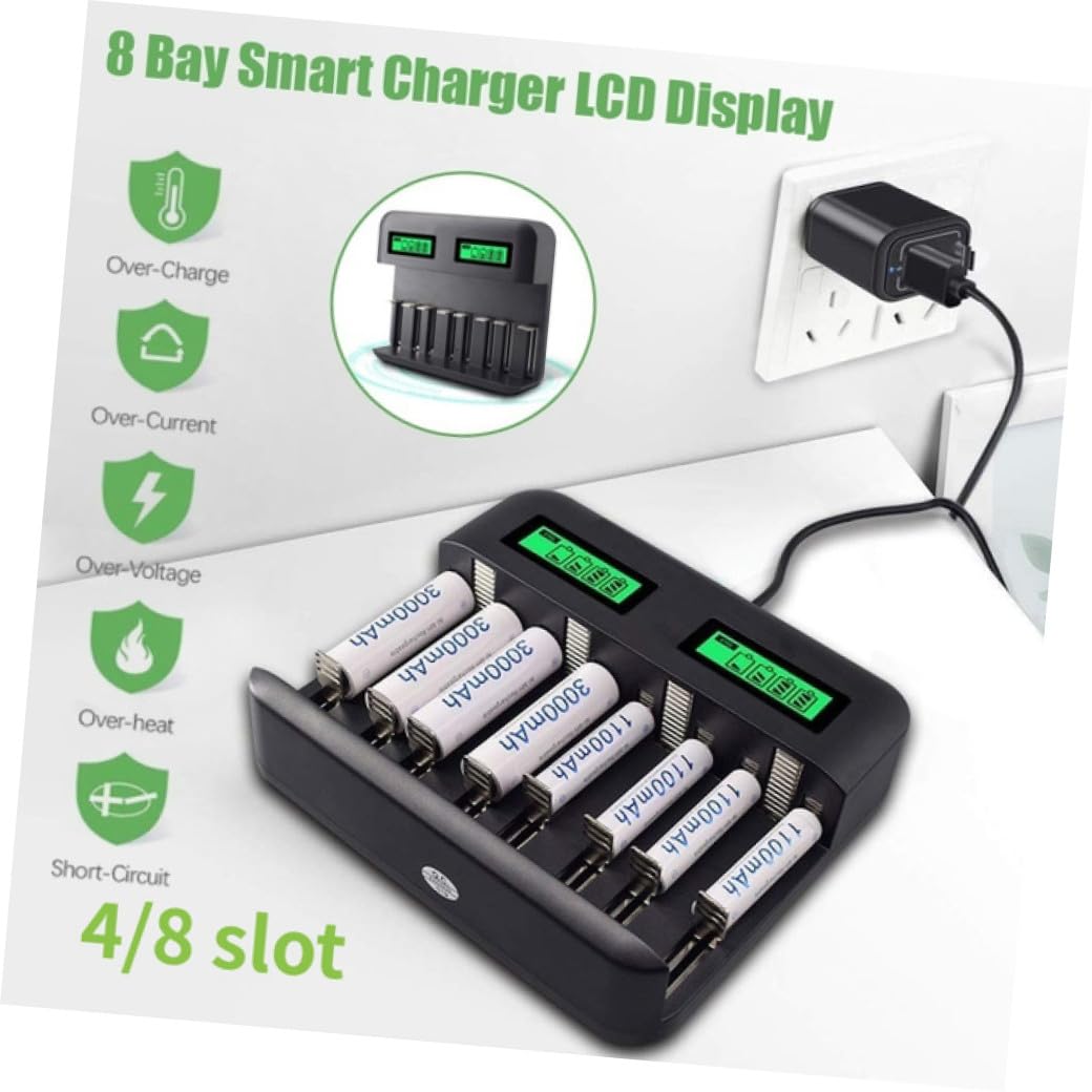 Chargeur de Piles AA AAA C USB Intelligent Emplacements avec Écran LCD Protection Multiple Circuit et Surcharge Charge pour Batteries Rechargeables Nimh Nicd