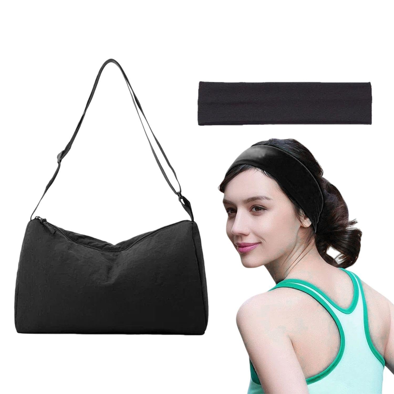 RNFKSU 1 Black Large-Capacity Fitness Bag, 1 Black Sports Headband, Convenient Fitness Messenger Bag, Ladies Waterproof Sports Bag, Elastic Yoga Headband.